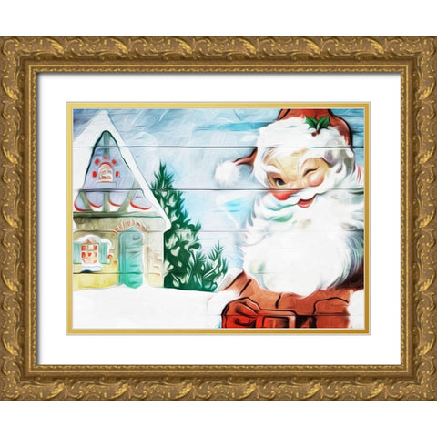 Winking Santa Painted Gold Ornate Wood Framed Art Print with Double Matting by Villa, Mlli