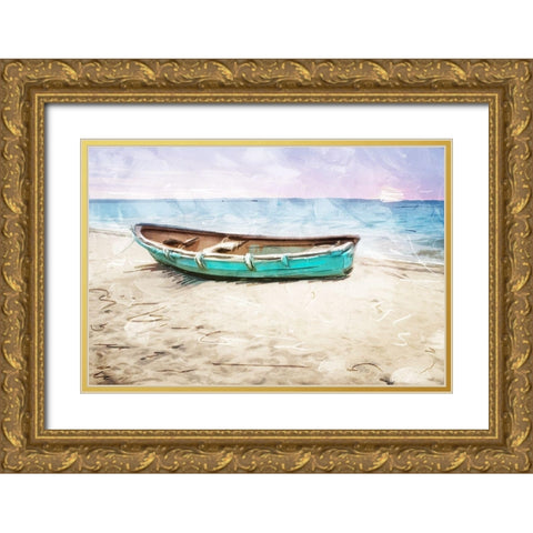 Lonely Boat on Beach Gold Ornate Wood Framed Art Print with Double Matting by Villa, Mlli