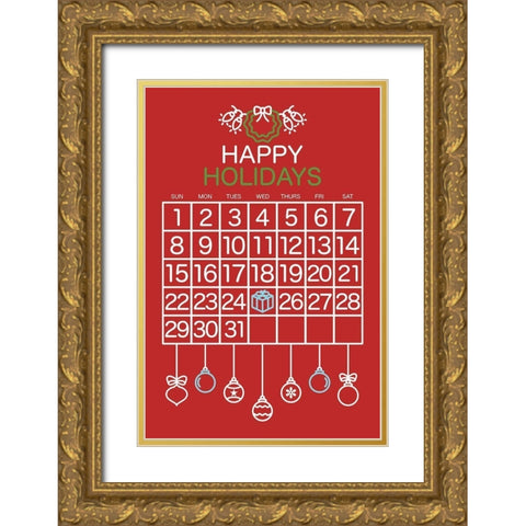 Happy Holidays Red Gold Ornate Wood Framed Art Print with Double Matting by Villa, Mlli