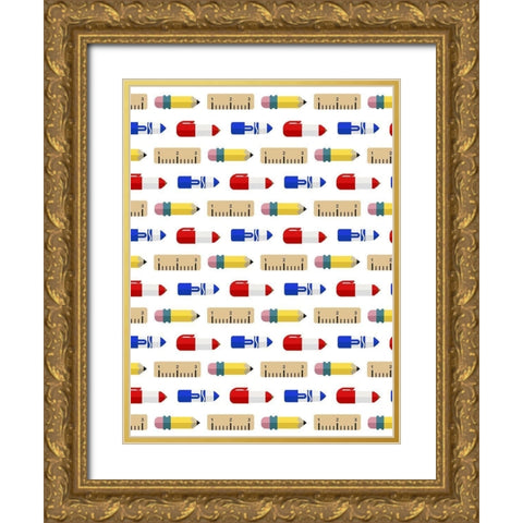 School Supply Pattern Gold Ornate Wood Framed Art Print with Double Matting by Villa, Mlli