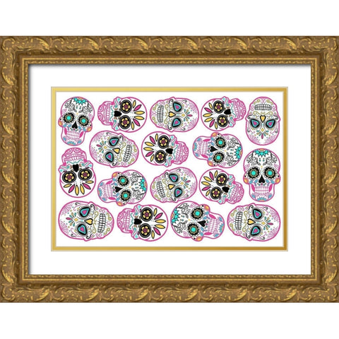 Pink Skulls White Back Gold Ornate Wood Framed Art Print with Double Matting by Villa, Mlli