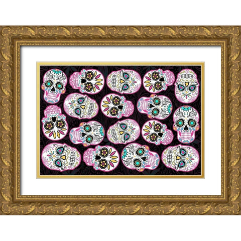 Pink Skulls Black Back Gold Ornate Wood Framed Art Print with Double Matting by Villa, Mlli