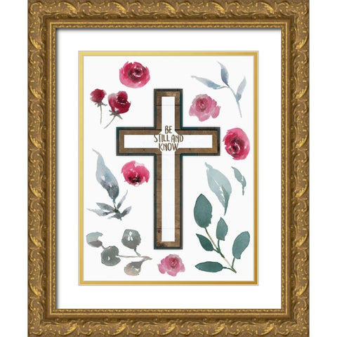 Be Still Cross Gold Ornate Wood Framed Art Print with Double Matting by Villa, Mlli