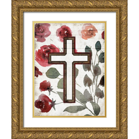 Cross Rose Mate Gold Ornate Wood Framed Art Print with Double Matting by Villa, Mlli