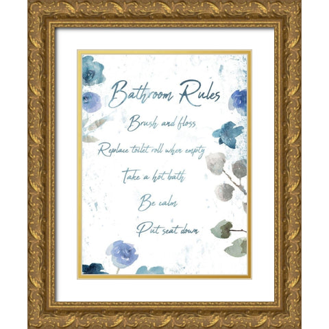 Floral Bathroom Rules Gold Ornate Wood Framed Art Print with Double Matting by Villa, Mlli