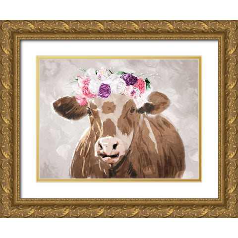 Cow Flowers Gold Ornate Wood Framed Art Print with Double Matting by Villa, Mlli
