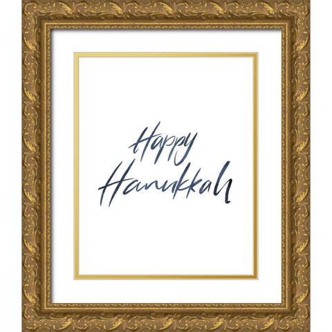 Happy Hanukkah Word Gold Ornate Wood Framed Art Print with Double Matting by Villa, Milli