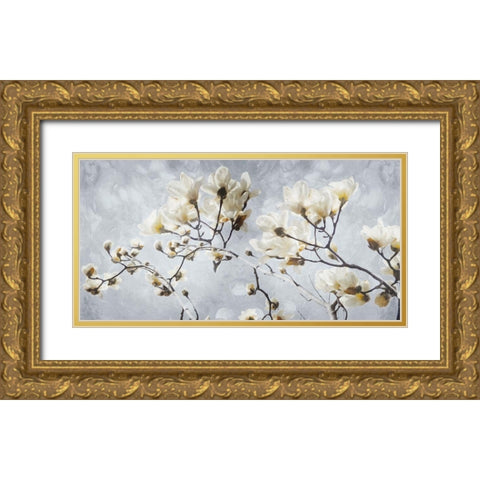 White Flowers In Grey Gold Ornate Wood Framed Art Print with Double Matting by Villa, Mlli