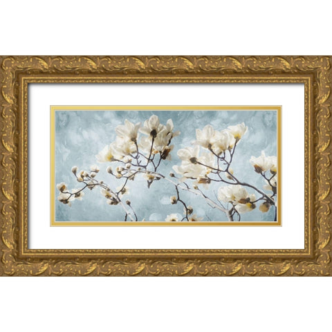 White Flowers In Blue Gold Ornate Wood Framed Art Print with Double Matting by Villa, Mlli