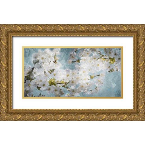 More White Flowers In Blue Gold Ornate Wood Framed Art Print with Double Matting by Villa, Mlli