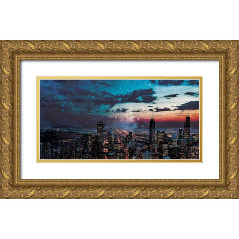 Chicago Skyline Hues Gold Ornate Wood Framed Art Print with Double Matting by Villa, Mlli