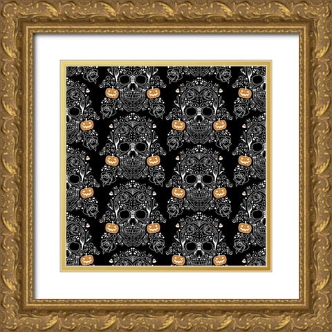 Halloween Skull Pattern Gold Ornate Wood Framed Art Print with Double Matting by Villa, Mlli