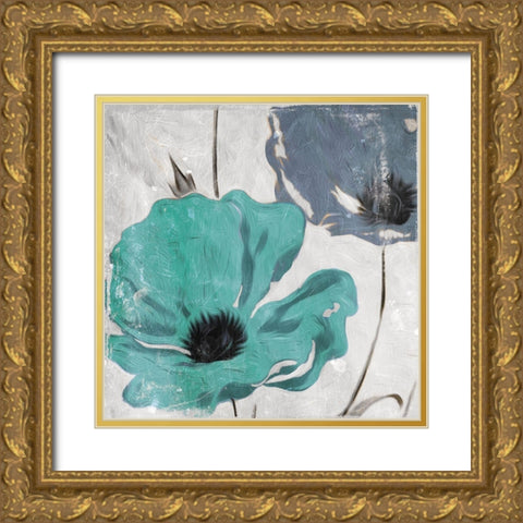 Floral Teal and Blue Hues Gold Ornate Wood Framed Art Print with Double Matting by Villa, Milli