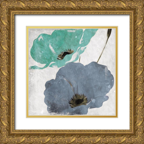 Floral Teal and Blue Hues Mate Gold Ornate Wood Framed Art Print with Double Matting by Villa, Milli