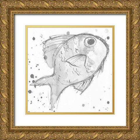 Minimal Sketch Fish Grey Gold Ornate Wood Framed Art Print with Double Matting by Villa, Mlli