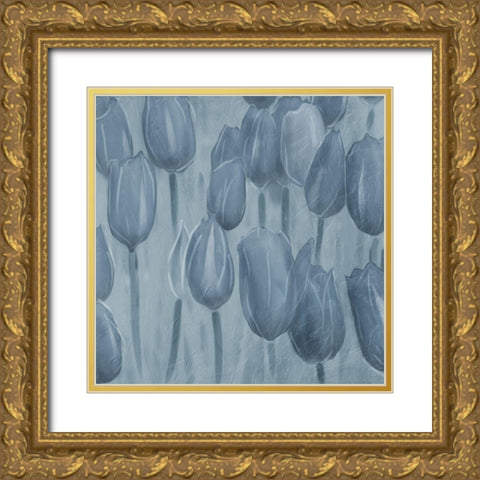 Tulips Patch Blues Gold Ornate Wood Framed Art Print with Double Matting by Villa, Mlli