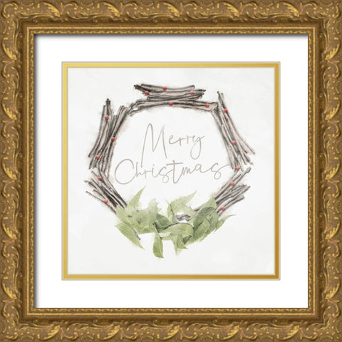 Merry Christmas Gold Ornate Wood Framed Art Print with Double Matting by Villa, Mlli