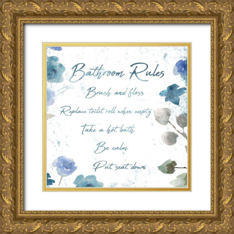 Floral Bathroom Rules Gold Ornate Wood Framed Art Print with Double Matting by Villa, Mlli