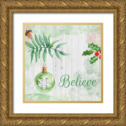 Christmas Believe Green Gold Ornate Wood Framed Art Print with Double Matting by Fraser, Orane