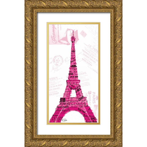 Pink Eiffel Gold Ornate Wood Framed Art Print with Double Matting by OnRei