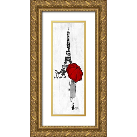 Eiffel Umbrella Gold Ornate Wood Framed Art Print with Double Matting by OnRei