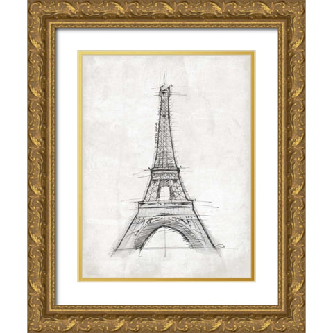 Eiffel Sketch Gold Ornate Wood Framed Art Print with Double Matting by OnRei