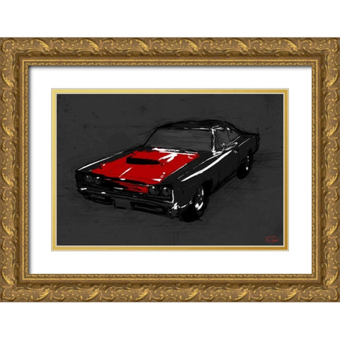 Muscle Car Black Gold Ornate Wood Framed Art Print with Double Matting by OnRei