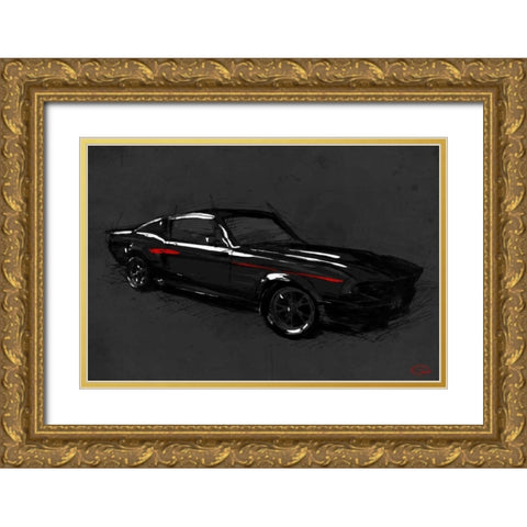 Muscle Car Black Gold Ornate Wood Framed Art Print with Double Matting by OnRei