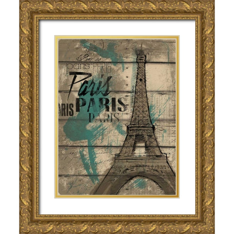 Natural Paris Teal Gold Ornate Wood Framed Art Print with Double Matting by OnRei