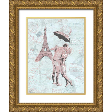 Romantic love Eiffel Gold Ornate Wood Framed Art Print with Double Matting by OnRei