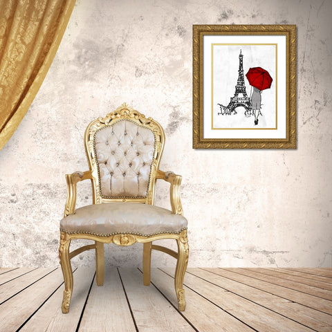 Inked Walk Away Mate Red Umbrella. Gold Ornate Wood Framed Art Print with Double Matting by OnRei