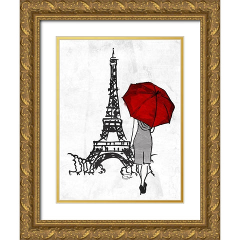 Inked Walk Away Mate Red Umbrella. Gold Ornate Wood Framed Art Print with Double Matting by OnRei