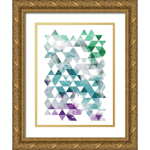 Green Purple Grey Triangles Gold Ornate Wood Framed Art Print with Double Matting by OnRei