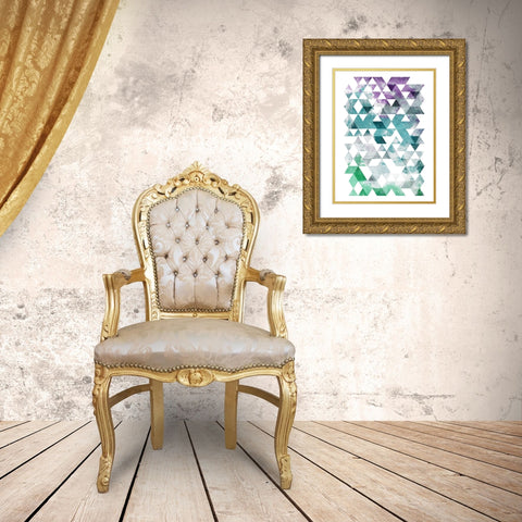 Green Purple Grey Triangles Mate Gold Ornate Wood Framed Art Print with Double Matting by OnRei