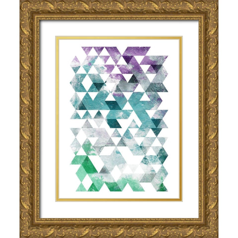 Green Purple Grey Triangles Mate Gold Ornate Wood Framed Art Print with Double Matting by OnRei