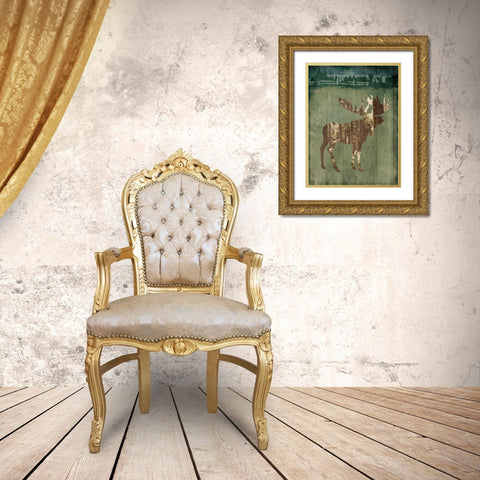 Moose In The Field Gold Ornate Wood Framed Art Print with Double Matting by OnRei