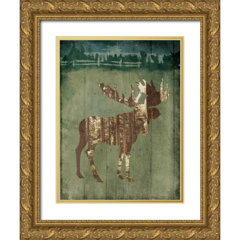 Moose In The Field Gold Ornate Wood Framed Art Print with Double Matting by OnRei