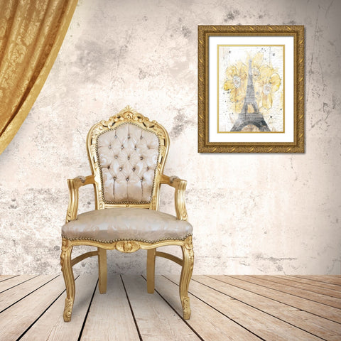 Eiffel Bloom Yellow Gold Ornate Wood Framed Art Print with Double Matting by OnRei