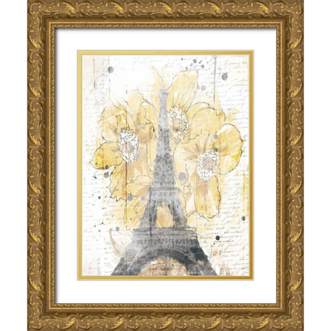 Eiffel Bloom Yellow Gold Ornate Wood Framed Art Print with Double Matting by OnRei