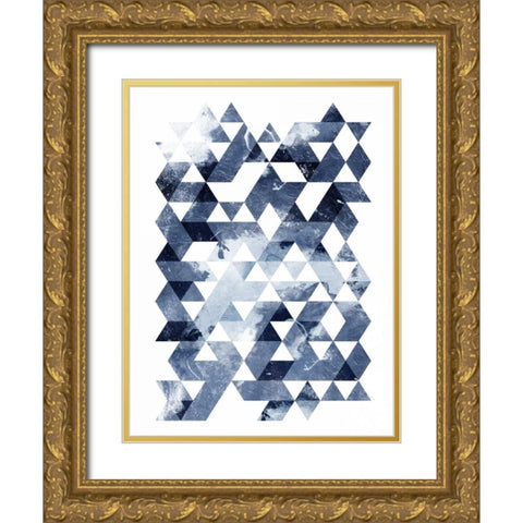 Blue Triangles Gold Ornate Wood Framed Art Print with Double Matting by OnRei