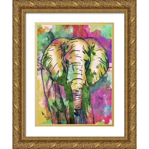 Elephant Dark Bright Henna Gold Ornate Wood Framed Art Print with Double Matting by OnRei