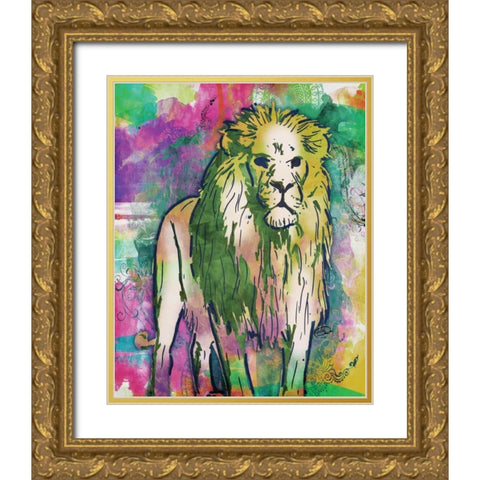 Lion Dark Bright Henna Gold Ornate Wood Framed Art Print with Double Matting by OnRei