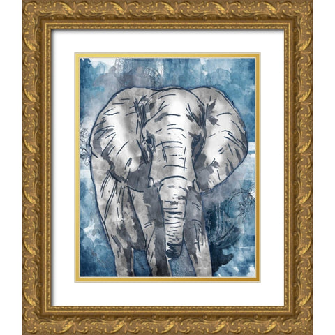 Grey Blue Elephant Gold Ornate Wood Framed Art Print with Double Matting by OnRei