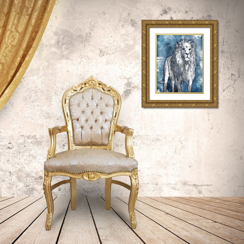 Grey Blue Lion Gold Ornate Wood Framed Art Print with Double Matting by OnRei