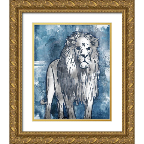 Grey Blue Lion Gold Ornate Wood Framed Art Print with Double Matting by OnRei