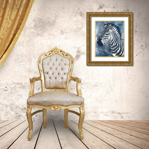 Grey Blue Zebra Gold Ornate Wood Framed Art Print with Double Matting by OnRei