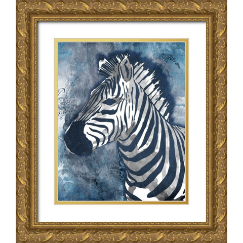 Grey Blue Zebra Gold Ornate Wood Framed Art Print with Double Matting by OnRei