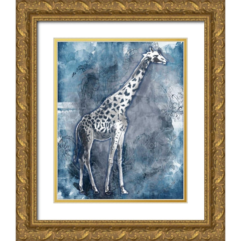 Grey Blue Giraffe Gold Ornate Wood Framed Art Print with Double Matting by OnRei