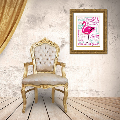 Wordy Flamingo Gold Ornate Wood Framed Art Print with Double Matting by OnRei