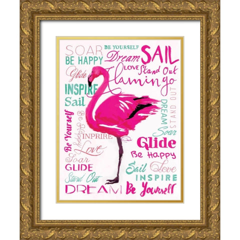 Wordy Flamingo Gold Ornate Wood Framed Art Print with Double Matting by OnRei